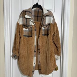 Plaid and Fleece Button-Up Coat